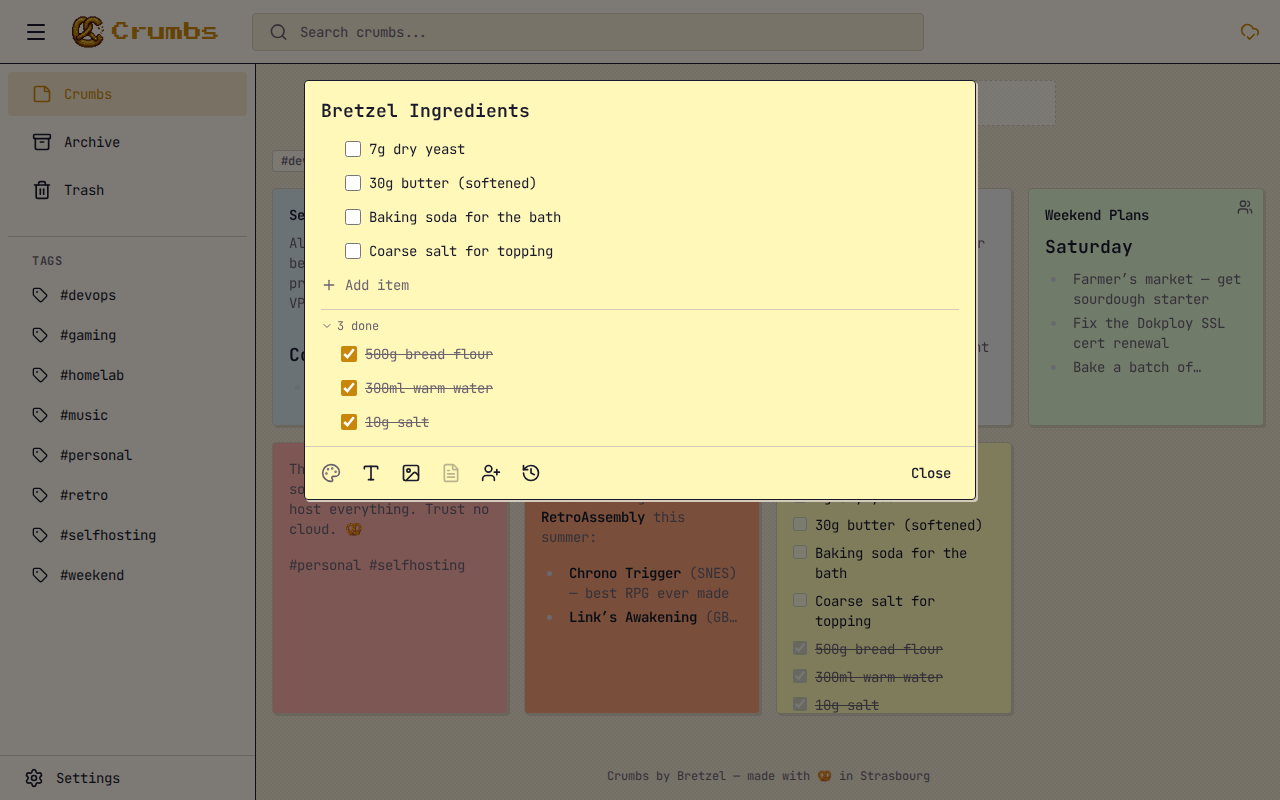 Checklist note with bretzel ingredients and checkboxes