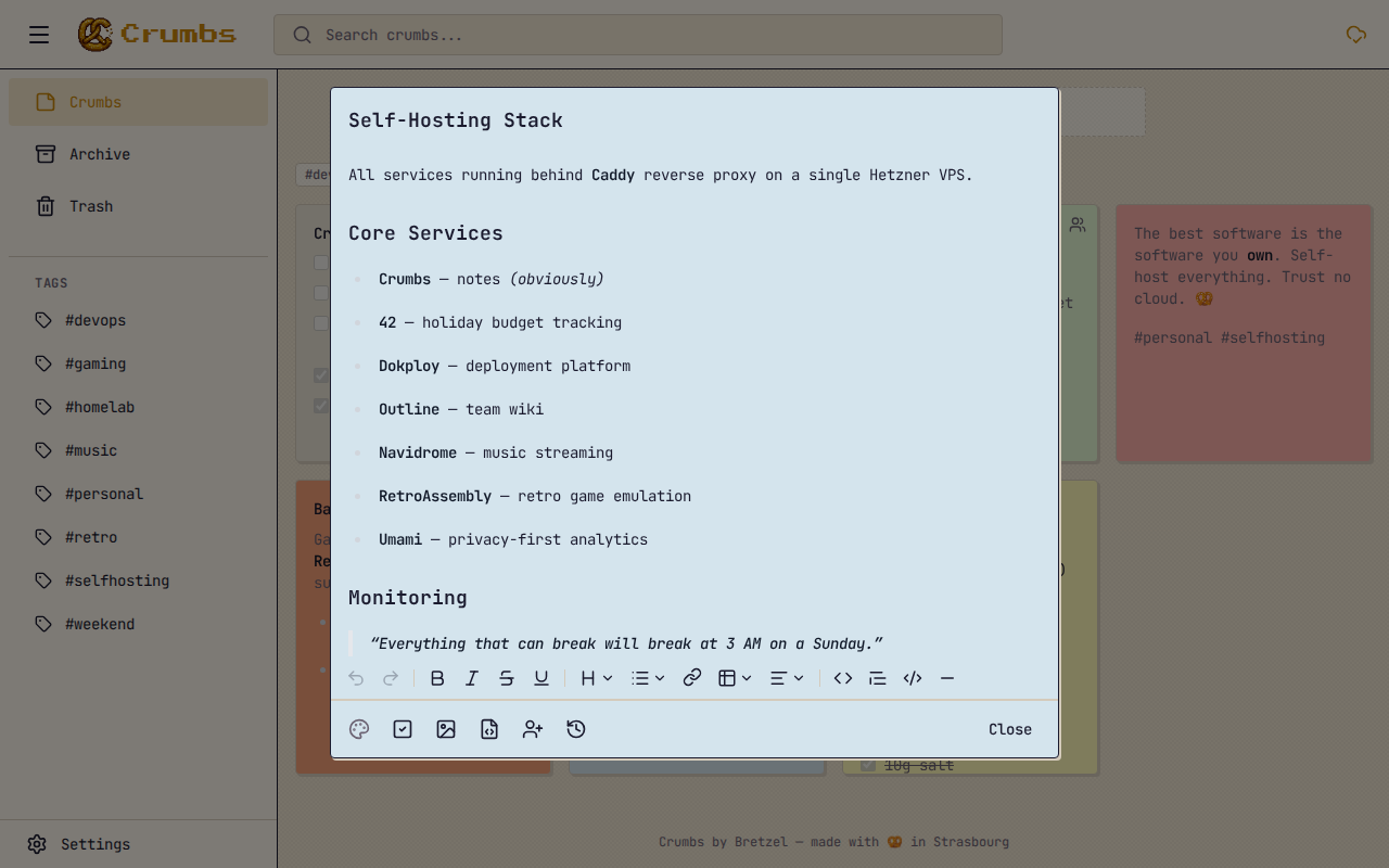 Rich text editor with formatting toolbar and self-hosting stack note
