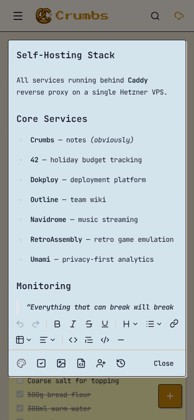 Mobile rich text editor with self-hosting stack note