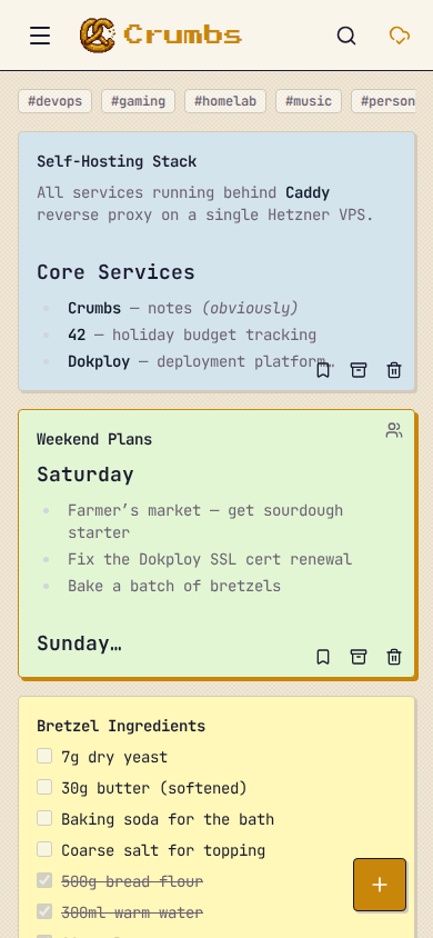 Mobile notes grid with tags and colorful cards