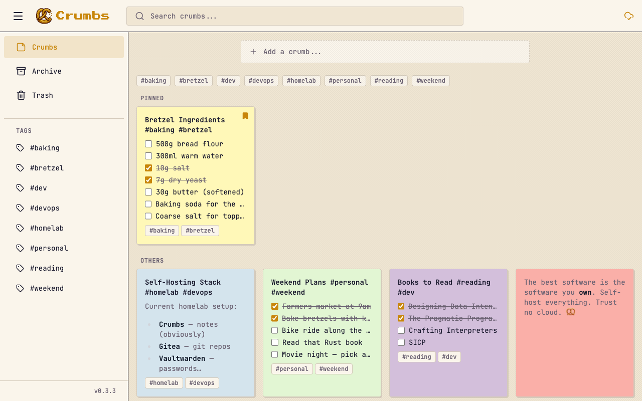 Crumbs notes grid view showing colorful note cards with checklists, tags, and rich text