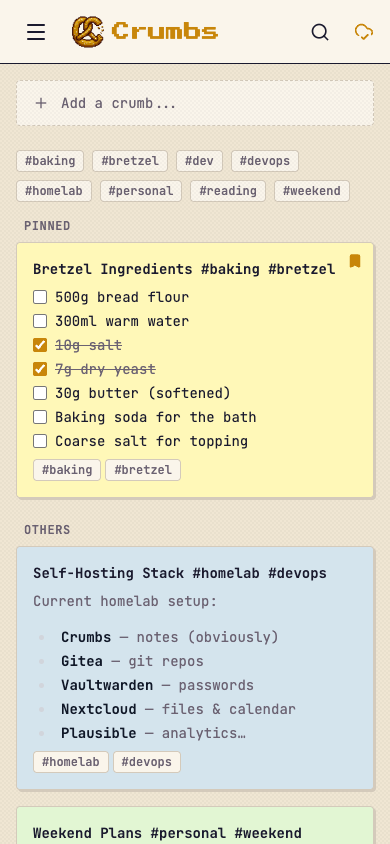Mobile grid view with notes and tags